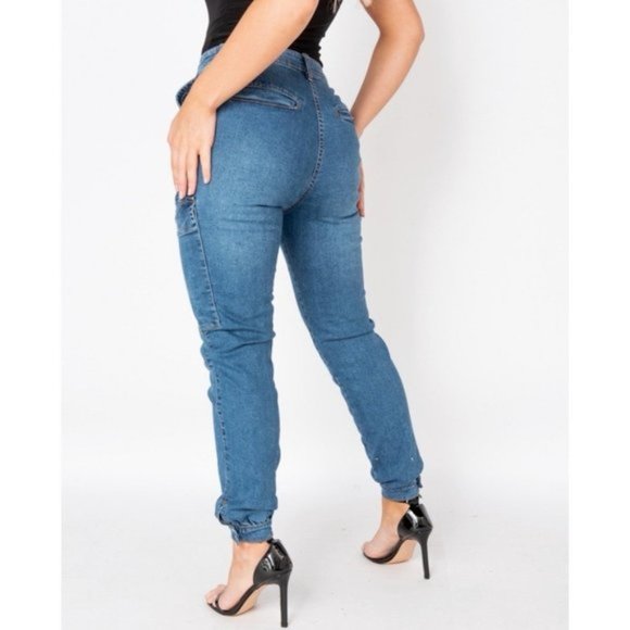 Blue High Waist Denim Jeans Cargo Utility Joggers Jogger Pants - Picture 3 of 11